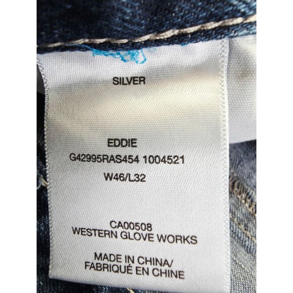 Silver Western Glove Works Size 46X32 Mens Eddie Blue Denim 5 Pocket Logo Jeans - Picture 3 of 11